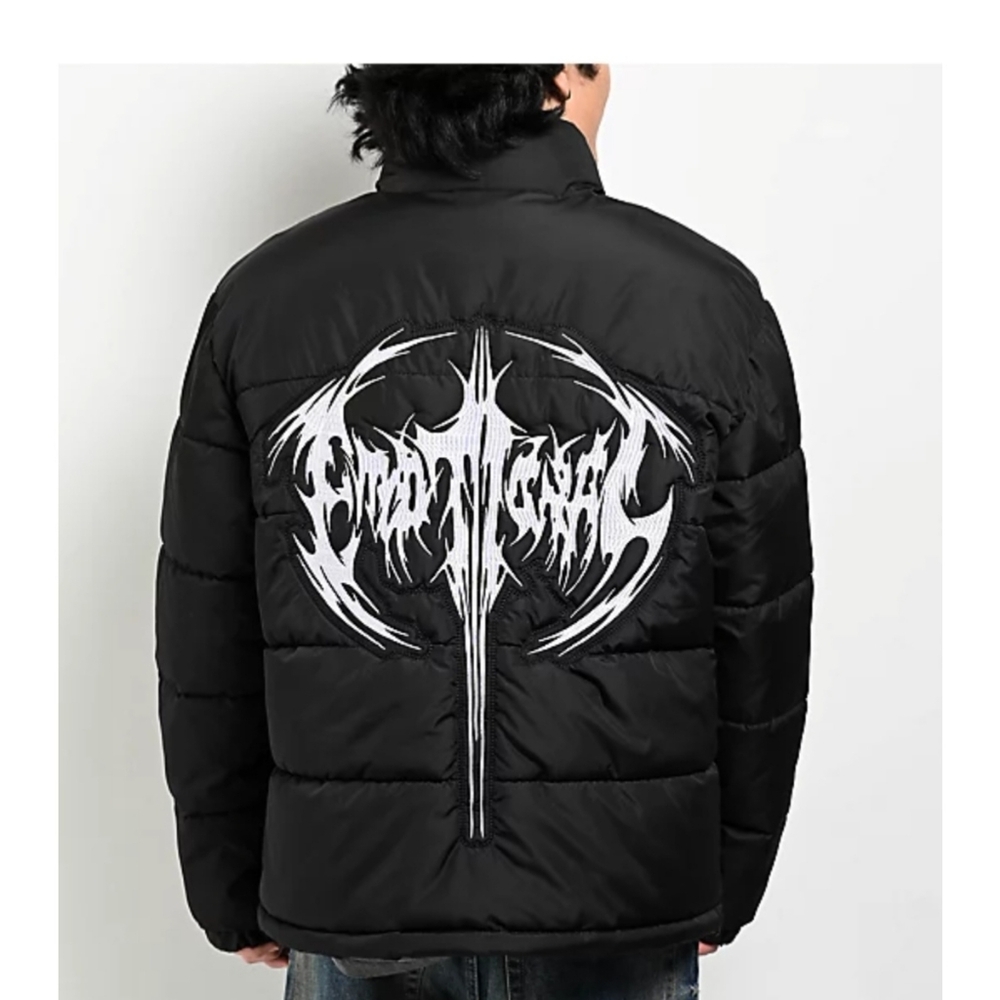 Black Puffer Jacket with Graphic Design